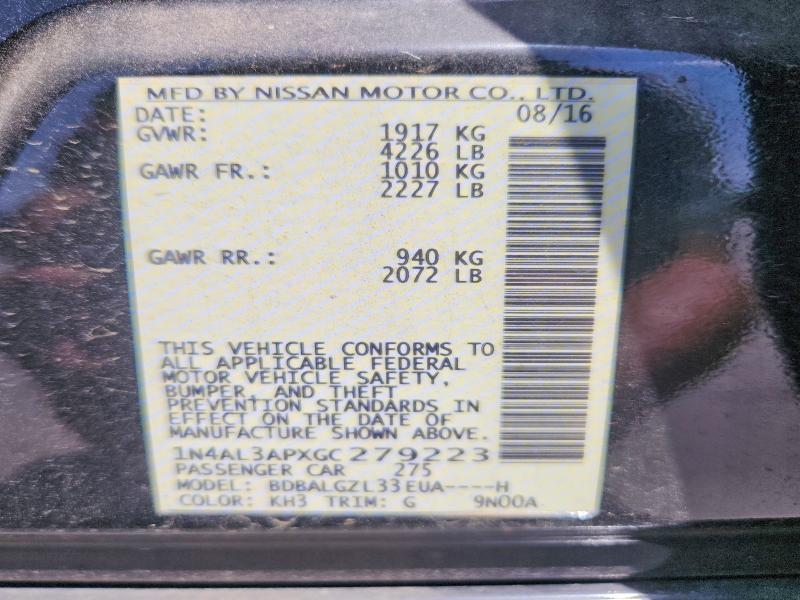 61090336 :رقم المزاد ، 1N4AL3APXGC279223 vin ، 2016 Nissan Altima مزاد بيع