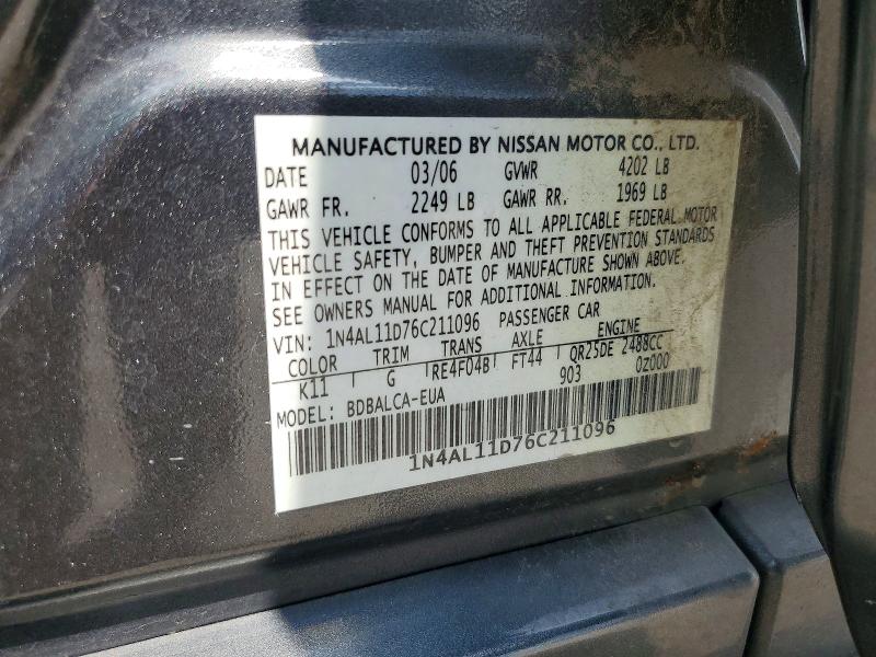 2006 Nissan Altima მანქანა იყიდება აუქციონზე, vin: 1N4AL11D76C211096, აუქციონის ნომერი: 61561986