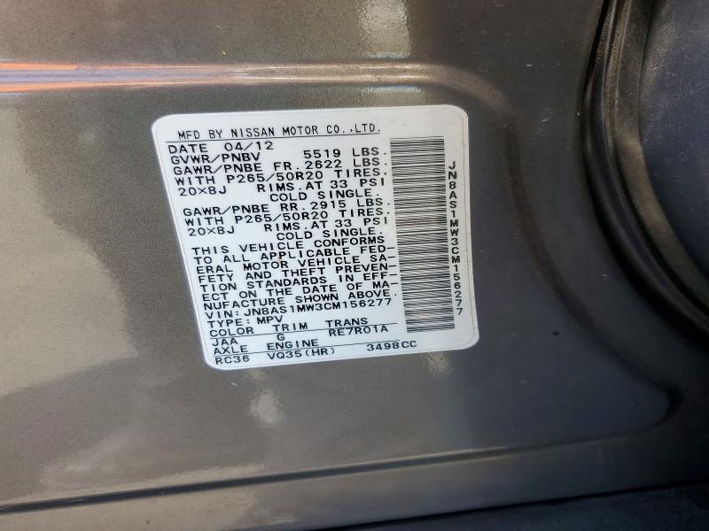 60207256 :رقم المزاد ، JN8AS1MW3CM156277 vin ، 2012 Infiniti Fx35 مزاد بيع