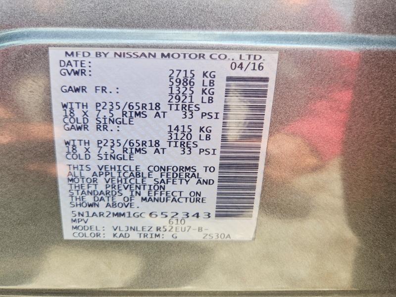 62141596 :رقم المزاد ، 5N1AR2MM1GC652343 vin ، 2016 Nissan Pathfinder مزاد بيع