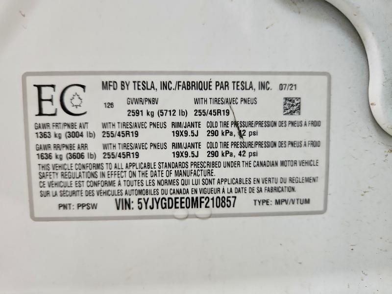 2021 Tesla Model Y მანქანა იყიდება აუქციონზე, vin: 5YJYGDEE0MF210857, აუქციონის ნომერი: 60120376