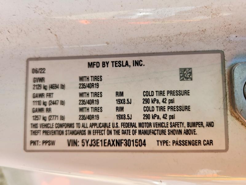60529366 :رقم المزاد ، 5YJ3E1EAXNF301504 vin ، 2022 Tesla Model 3 مزاد بيع