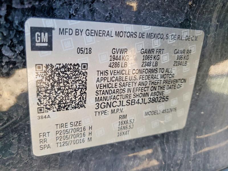 Aukcja sprzedaży 2018 Chevrolet Trax, vin: 3GNCJLSB4JL380255, numer aukcji: 59631096