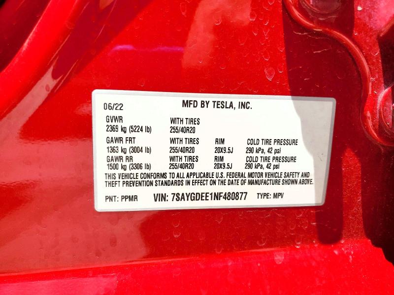 2022 Tesla Model Y მანქანა იყიდება აუქციონზე, vin: 7SAYGDEE1NF480877, აუქციონის ნომერი: 60087456