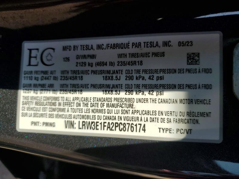 2023 Tesla Model 3 მანქანა იყიდება აუქციონზე, vin: LRW3E1FA2PC876174, აუქციონის ნომერი: 61613486