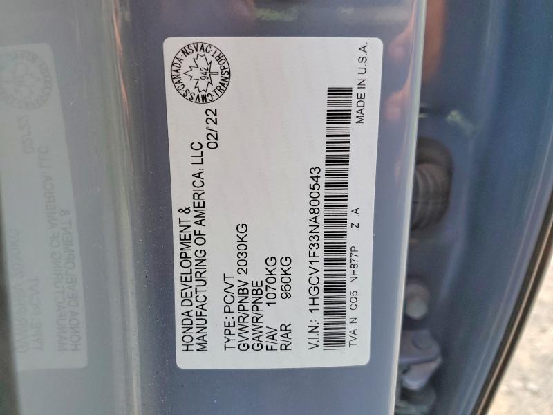 Продажа на аукционе авто 2022 Honda Accord, vin: 1HGCV1F33NA800543, номер лота: 63135506