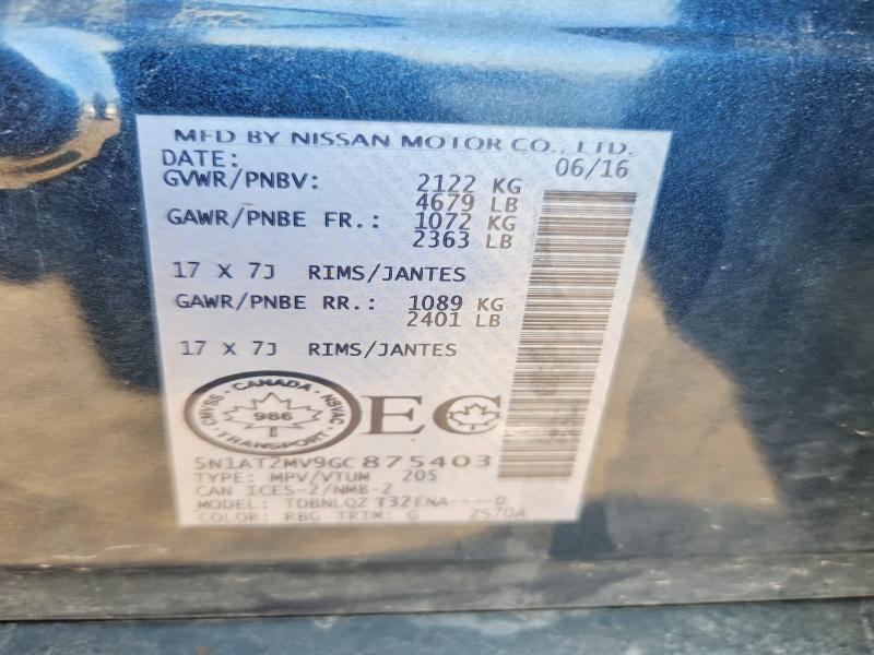 59599616 :رقم المزاد ، 5N1AT2MV9GC875403 vin ، 2016 Nissan Rogue مزاد بيع