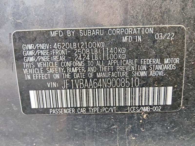 Продаж на аукціоні авто 2022 Subaru Wrx, vin: JF1VBAA64N9008510, номер лоту: 61018726