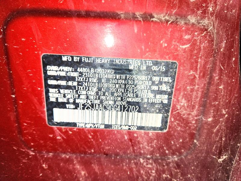 2016 Subaru Forester მანქანა იყიდება აუქციონზე, vin: JF2SJAAC9GG412702, აუქციონის ნომერი: 59912966