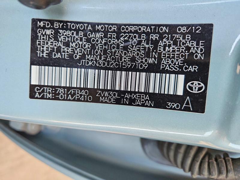 Aukcja sprzedaży 2012 Toyota Prius, vin: JTDKN3DU2C1597109, numer aukcji: 60994266