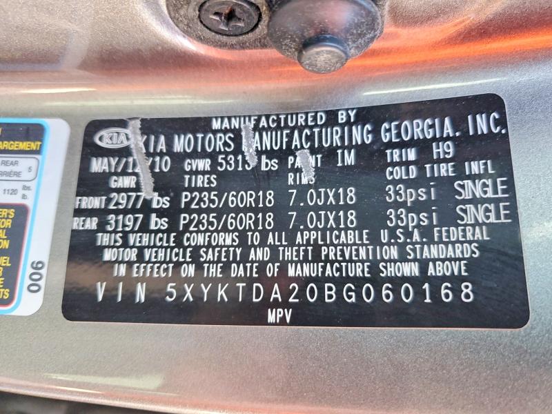 2011 Kia Sorento მანქანა იყიდება აუქციონზე, vin: 5XYKTDA20BG060168, აუქციონის ნომერი: 61526946