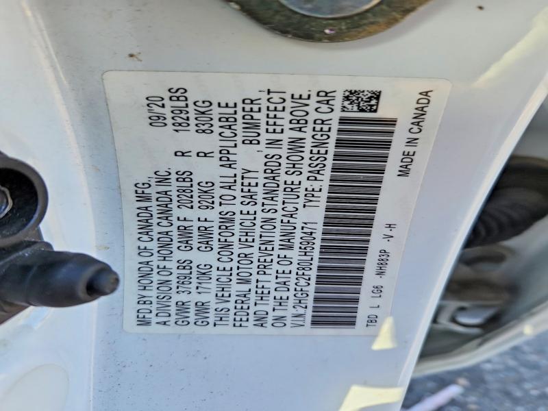 Продаж на аукціоні авто 2020 Honda Civic, vin: 2HGFC2F80LH590471, номер лоту: 59593386