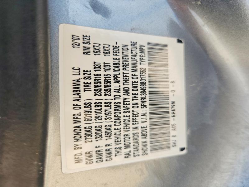 2008 Honda Odyssey მანქანა იყიდება აუქციონზე, vin: 5FNRL38498B017562, აუქციონის ნომერი: 62041876