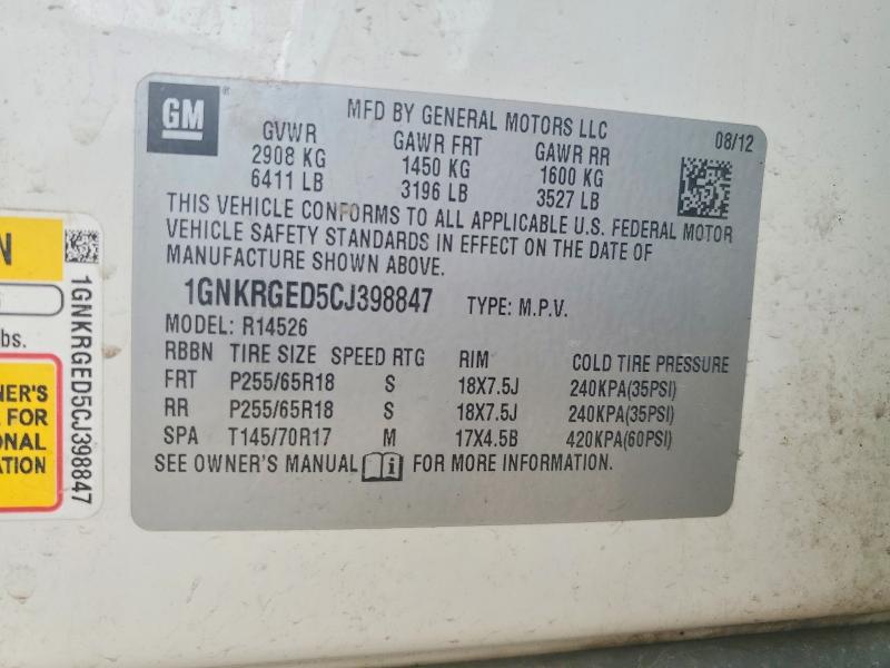 Aukcja sprzedaży 2012 Chevrolet Traverse, vin: 1GNKRGED5CJ398847, numer aukcji: 77249455