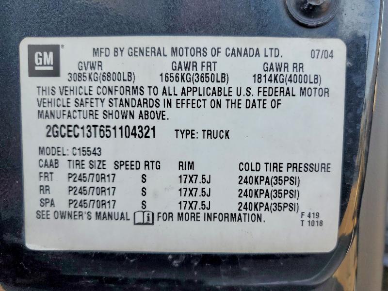 60805656 :رقم المزاد ، 2GCEC13T651104321 vin ، 2005 Chevrolet Silverado مزاد بيع