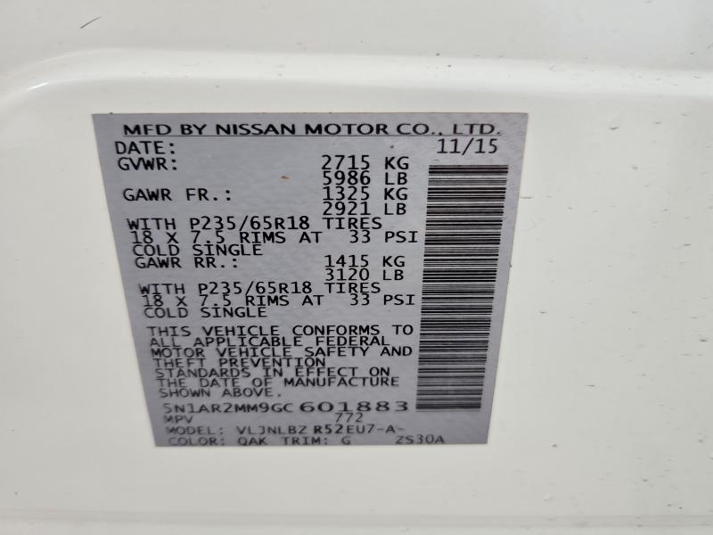 2016 Nissan Pathfinder მანქანა იყიდება აუქციონზე, vin: 5N1AR2MM9GC601883, აუქციონის ნომერი: 62614346