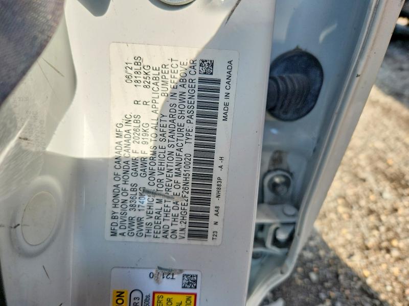 2022 Honda Civic მანქანა იყიდება აუქციონზე, vin: 2HGFE2F26NH510020, აუქციონის ნომერი: 62301986