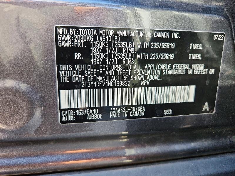 Aukcja sprzedaży 2022 Toyota Rav4, vin: 2T3Y1RFV1NC199832, numer aukcji: 61085406