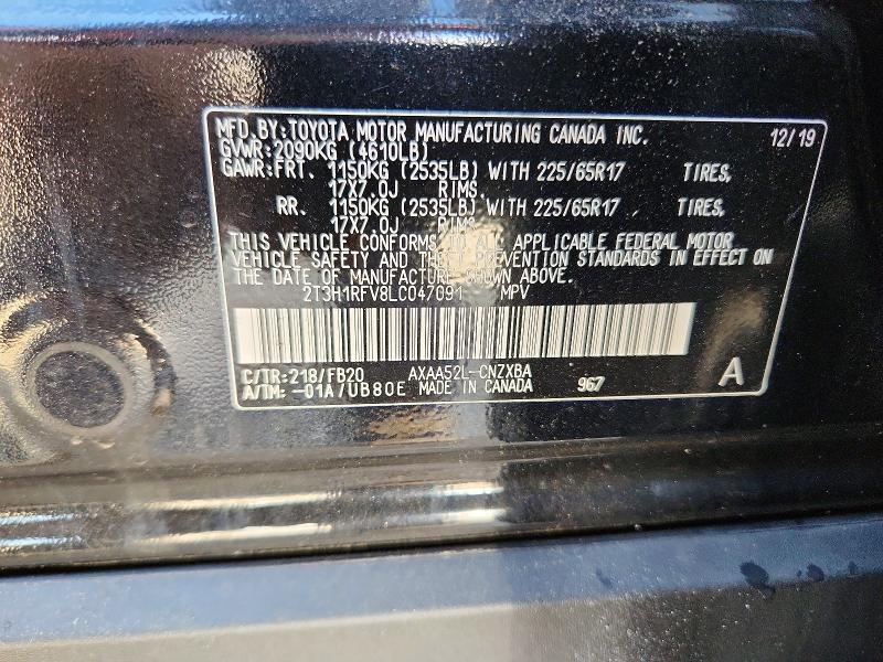 Aukcja sprzedaży 2020 Toyota Rav4, vin: 2T3H1RFV8LC047091, numer aukcji: 61210786