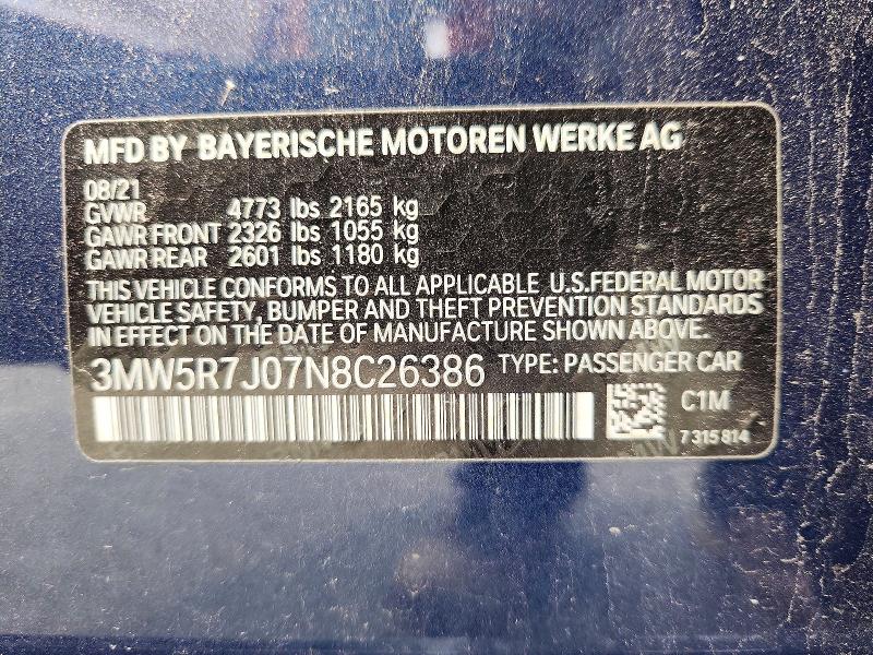 2022 Bmw 330xi მანქანა იყიდება აუქციონზე, vin: 3MW5R7J07N8C26386, აუქციონის ნომერი: 62948106
