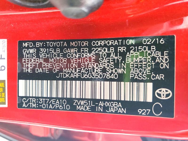 Продаж на аукціоні авто 2016 Toyota Prius, vin: JTDKARFU6G3507840, номер лоту: 61216146