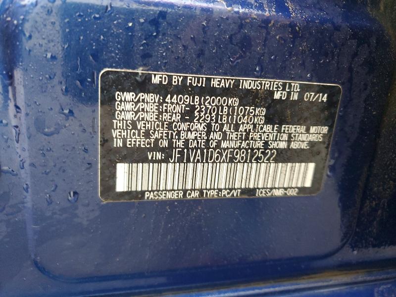 60157856 :رقم المزاد ، JF1VA1D6XF9812522 vin ، 2015 Subaru Wrx مزاد بيع
