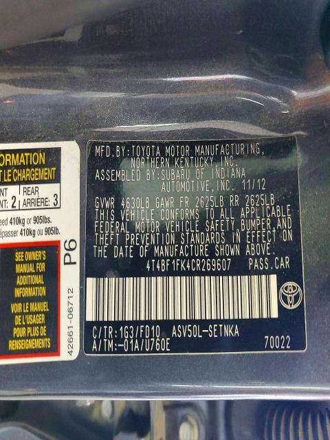 59728386 :رقم المزاد ، 4T4BF1FK4CR269607 vin ، 2012 Toyota Camry مزاد بيع