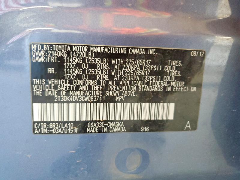 Aukcja sprzedaży 2012 Toyota Rav4, vin: 2T3DK4DV3CW083741, numer aukcji: 62158066