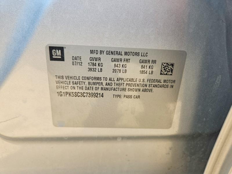 60112646 :رقم المزاد ، 1G1PK5SC3C7399214 vin ، 2012 Chevrolet Cruze مزاد بيع