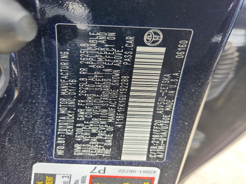 61891756 :رقم المزاد ، 4T1BF1FK1GU192288 vin ، 2016 Toyota Camry مزاد بيع