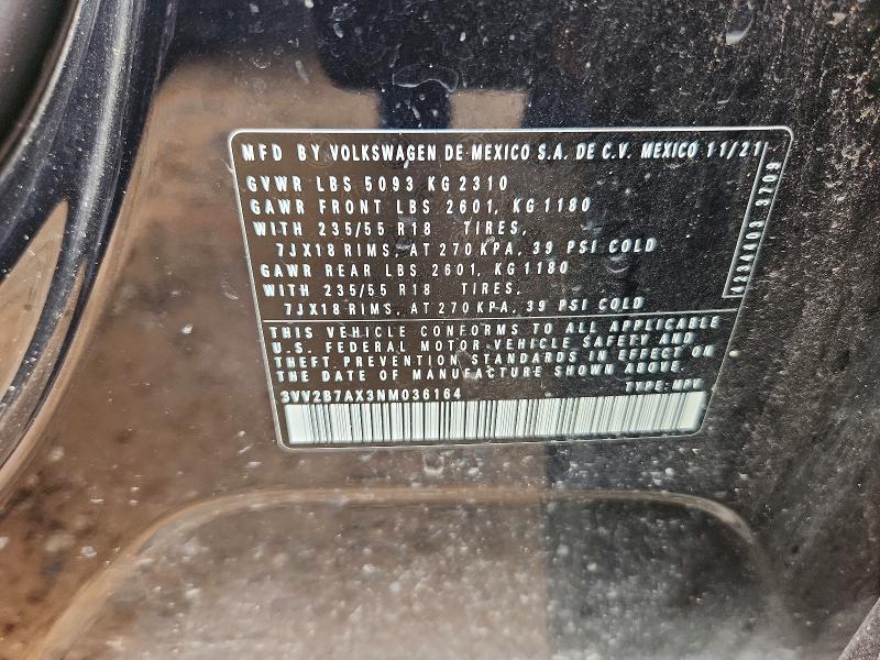 61640136 :رقم المزاد ، 3VV2B7AX3NM036164 vin ، 2022 Volkswagen Tiguan مزاد بيع