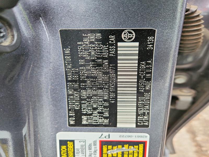 Продаж на аукціоні авто 2012 Toyota Camry, vin: 4T1BF1FK5CU151771, номер лоту: 60446446