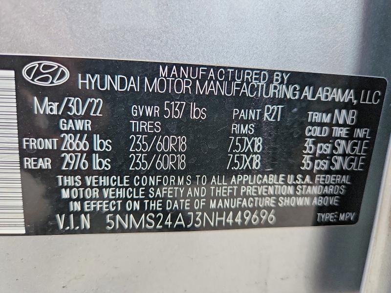 2022 Hyundai Santa Fe მანქანა იყიდება აუქციონზე, vin: 5NMS24AJ3NH449696, აუქციონის ნომერი: 61619186