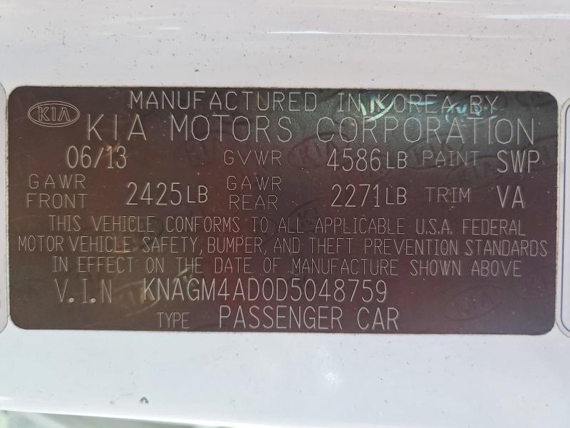 Aukcja sprzedaży 2013 Kia Optima, vin: KNAGM4AD0D5048759, numer aukcji: 62565586