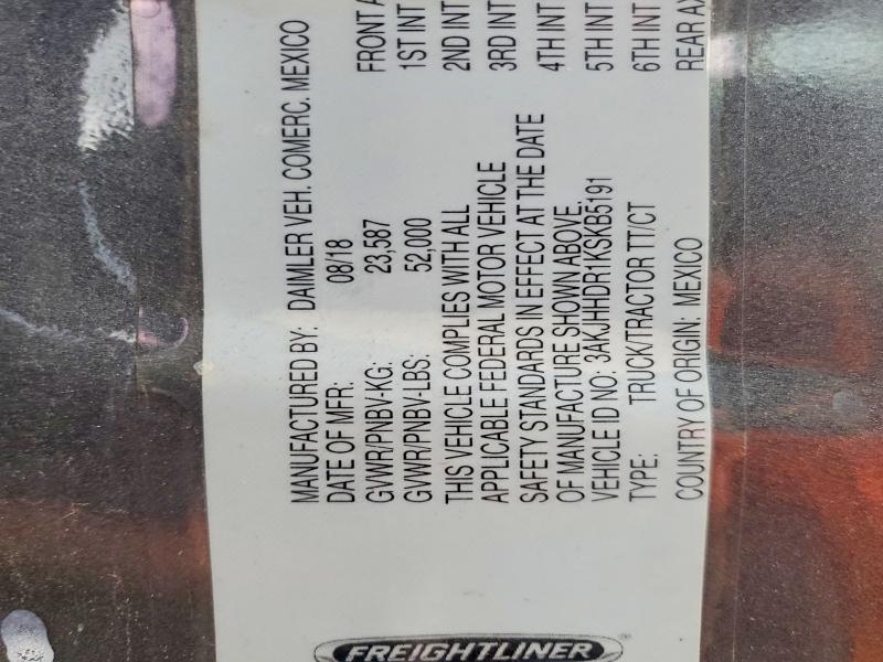 2019 Freightliner Cascadia 126 მანქანა იყიდება აუქციონზე, vin: 3AKJHHDR1KSKB5191, აუქციონის ნომერი: 59338246