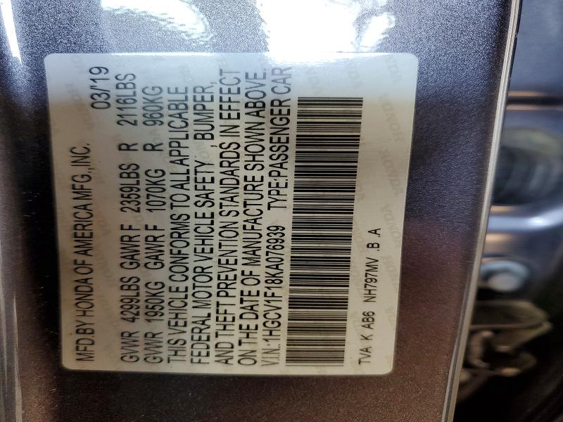 62252246 :رقم المزاد ، 1HGCV1F18KA076939 vin ، 2019 Honda Accord مزاد بيع