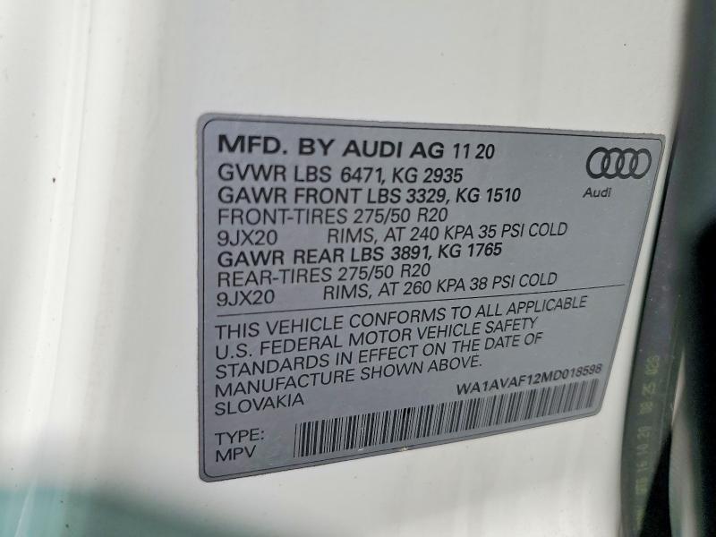 Aukcja sprzedaży 2021 Audi Q8, vin: WA1AVAF12MD018598, numer aukcji: 63378406
