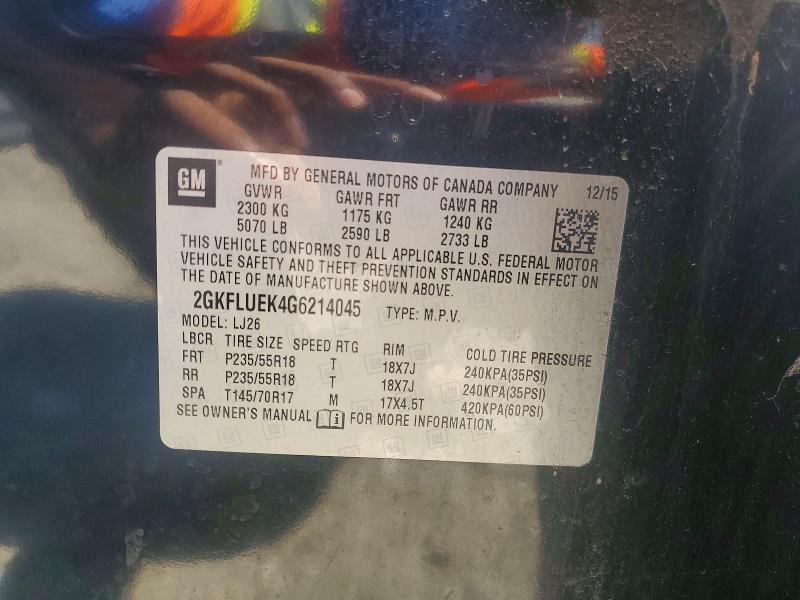 Aukcja sprzedaży 2016 Gmc Terrain, vin: 2GKFLUEK4G6214045, numer aukcji: 62897406