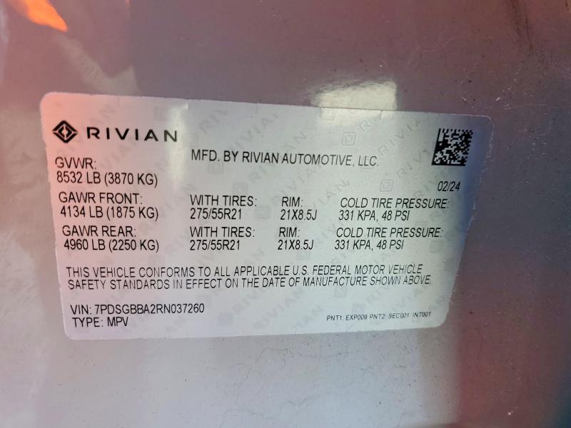 2024 Rivian R1s მანქანა იყიდება აუქციონზე, vin: 7PDSGBBA2RN037260, აუქციონის ნომერი: 60417046