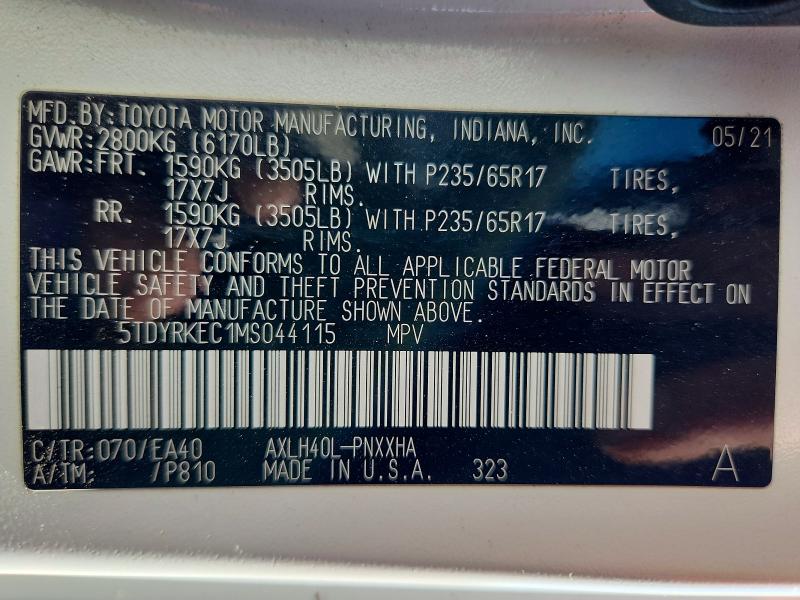 59556746 :رقم المزاد ، 5TDYRKEC1MS044115 vin ، 2021 Toyota Sienna مزاد بيع