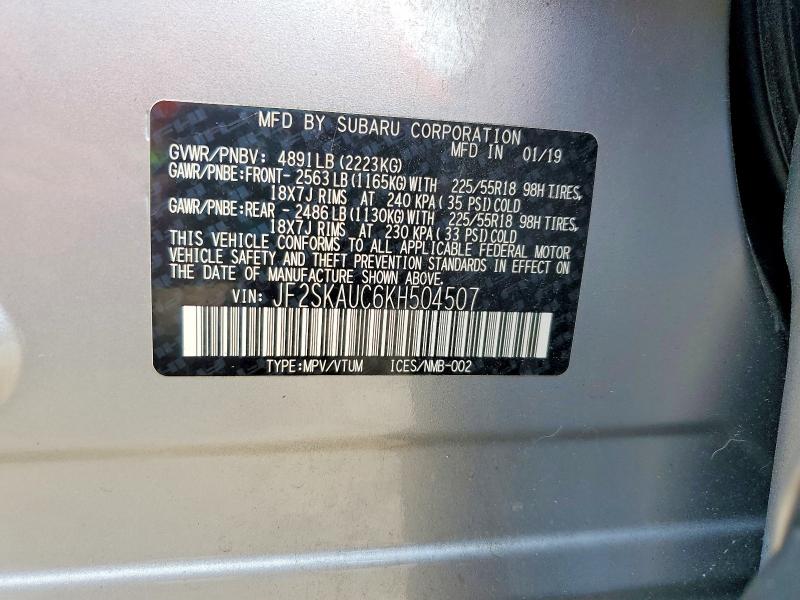 Aukcja sprzedaży 2019 Subaru Forester, vin: JF2SKAUC6KH504507, numer aukcji: 61204576