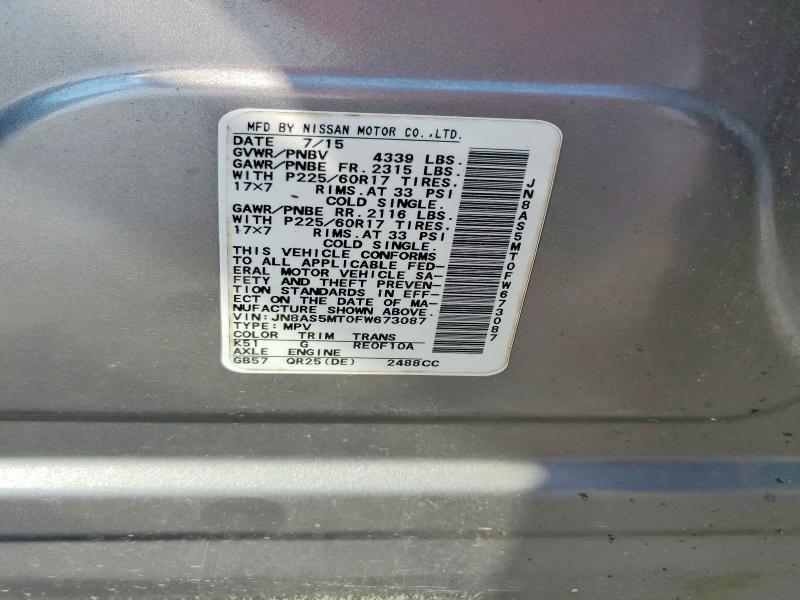 Продаж на аукціоні авто 2015 Nissan Rogue Select, vin: JN8AS5MT0FW673087, номер лоту: 62211476