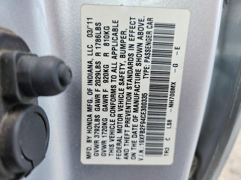 Продаж на аукціоні авто 2012 Honda Civic, vin: 19XFB2F94CE300335, номер лоту: 62761696