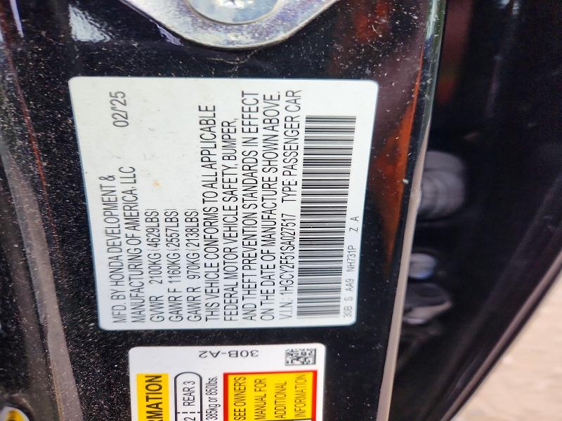 2025 Honda Accord მანქანა იყიდება აუქციონზე, vin: 1HGCY2F51SA027517, აუქციონის ნომერი: 59263016