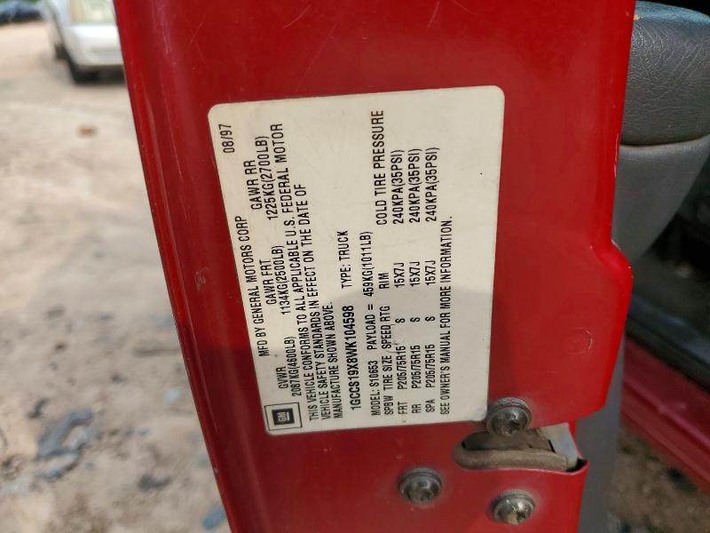1998 Chevrolet S Truck მანქანა იყიდება აუქციონზე, vin: 1GCCS19X8WK104598, აუქციონის ნომერი: 62650166