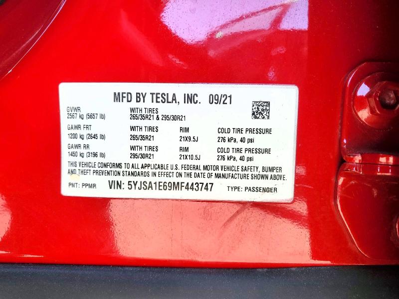 Продаж на аукціоні авто 2021 Tesla Model S, vin: 5YJSA1E69MF443747, номер лоту: 59904346