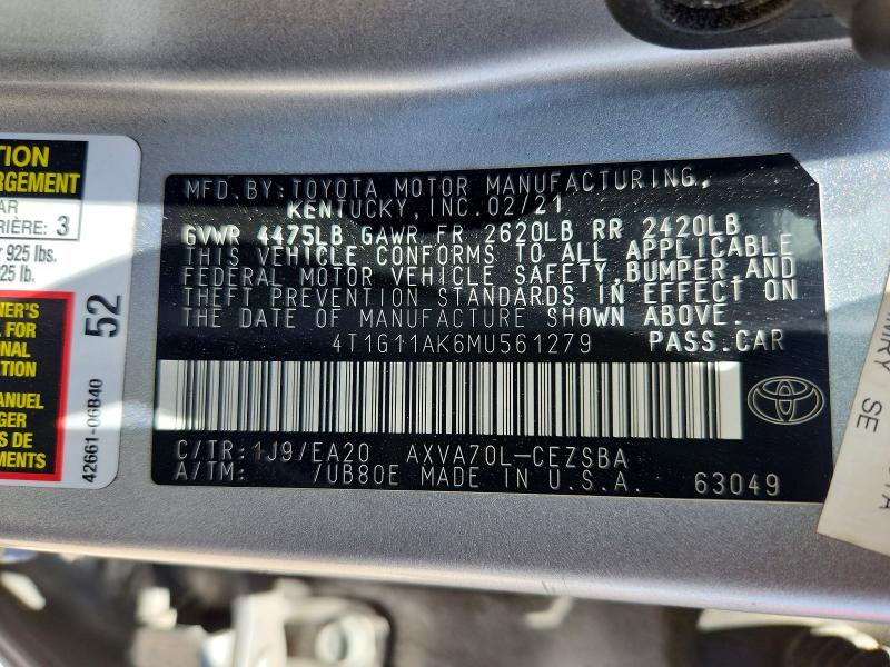 Aukcja sprzedaży 2021 Toyota Camry, vin: 4T1G11AK6MU561279, numer aukcji: 59644106