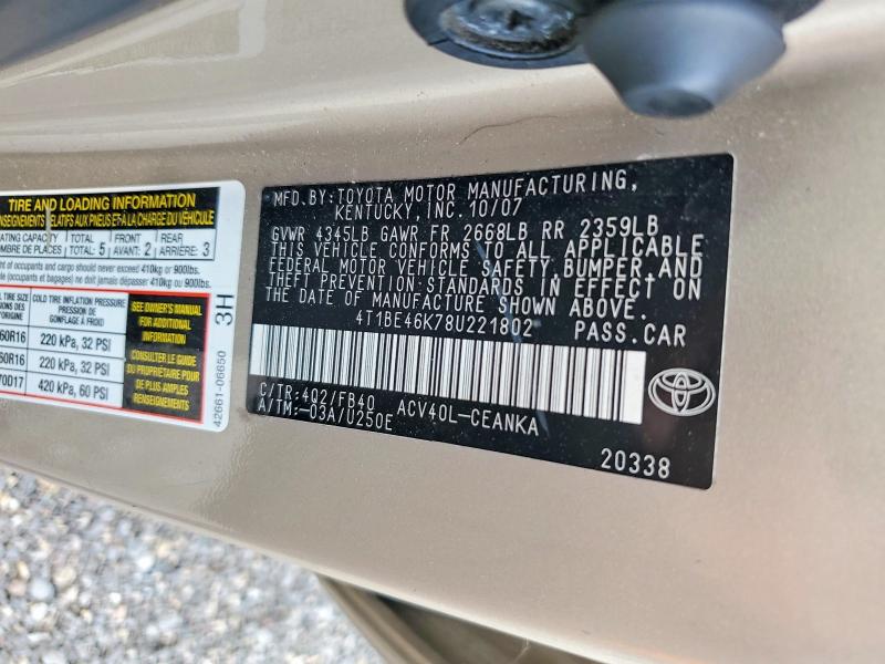 Продажа на аукционе авто 2008 Toyota Camry, vin: 4T1BE46K78U221802, номер лота: 62590376