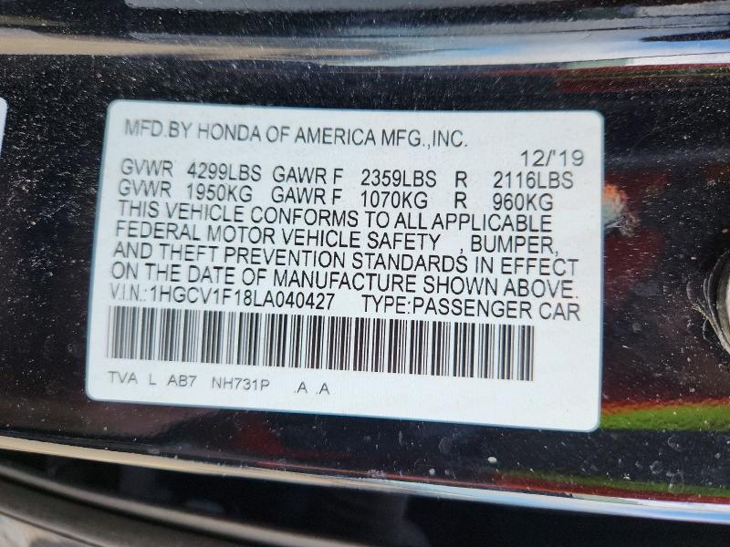 Aukcja sprzedaży 2020 Honda Accord, vin: 1HGCV1F18LA040427, numer aukcji: 63027896