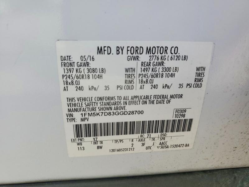 61920586 :رقم المزاد ، 1FM5K7D83GGD28700 vin ، 2016 Ford Explorer مزاد بيع